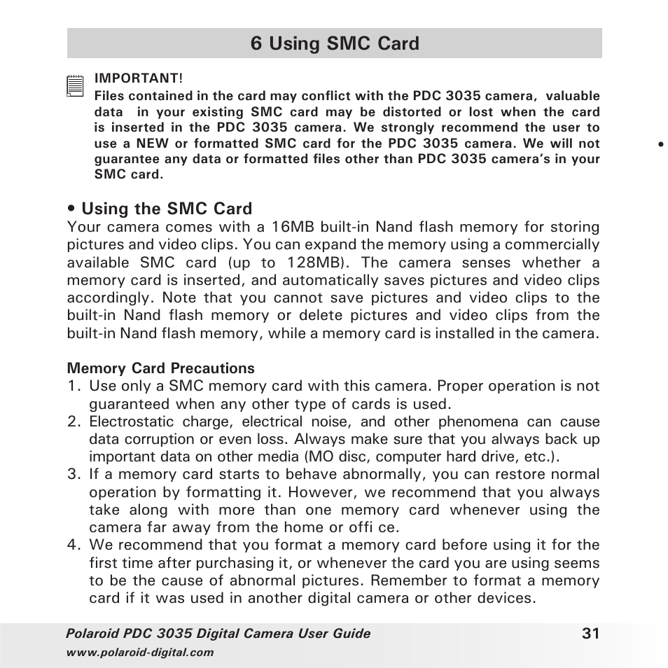 6 using smc card, Using the smc card | Polaroid PDC 3035 User Manual | Page 31 / 49