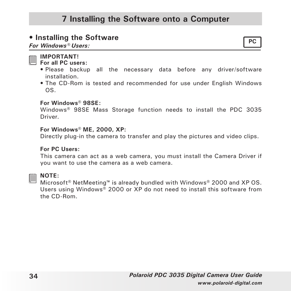 7 installing the software onto a computer, Installing the software | Polaroid PDC 3035 User Manual | Page 34 / 49