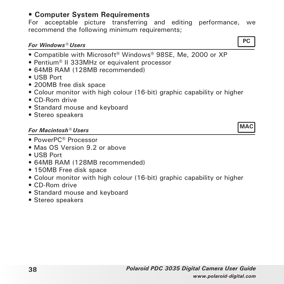 Computer system requirements | Polaroid PDC 3035 User Manual | Page 38 / 49