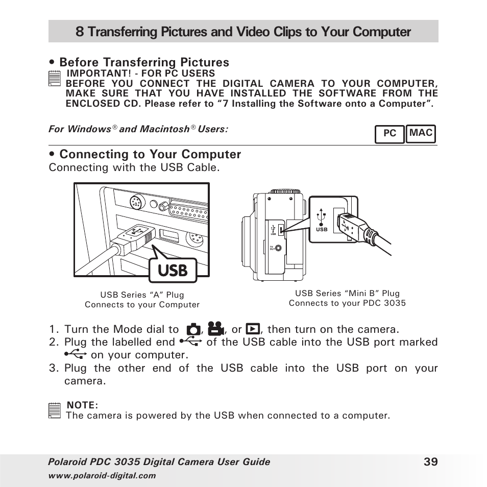 Before transferring pictures, Connecting to your computer | Polaroid PDC 3035 User Manual | Page 39 / 49