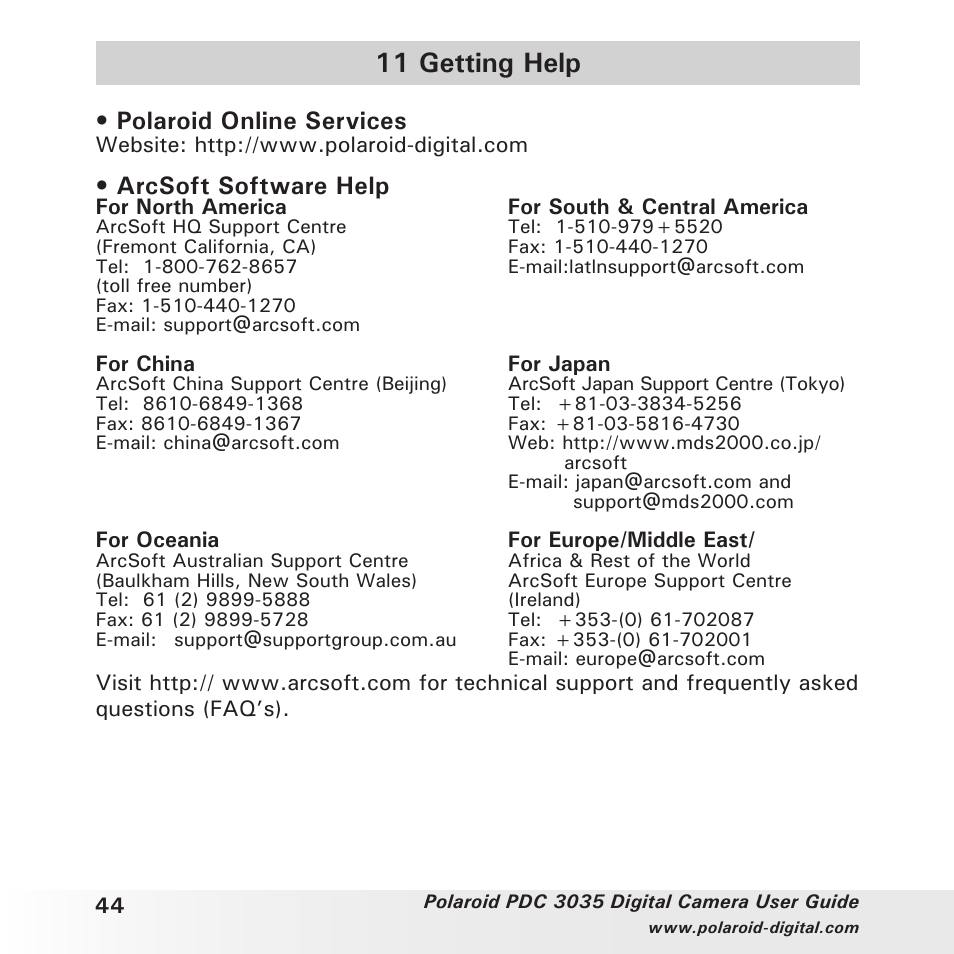 11 getting help, Polaroid online services, Arcsoft software help | Polaroid PDC 3035 User Manual | Page 44 / 49