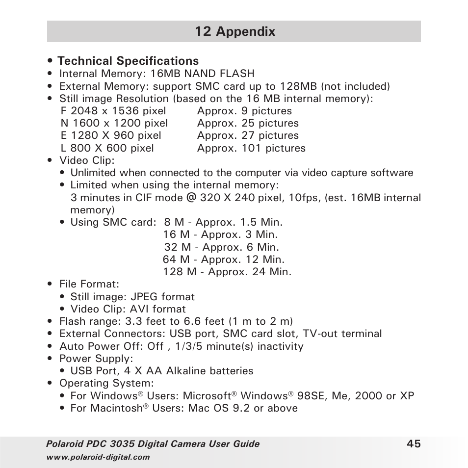 12 appendix | Polaroid PDC 3035 User Manual | Page 45 / 49