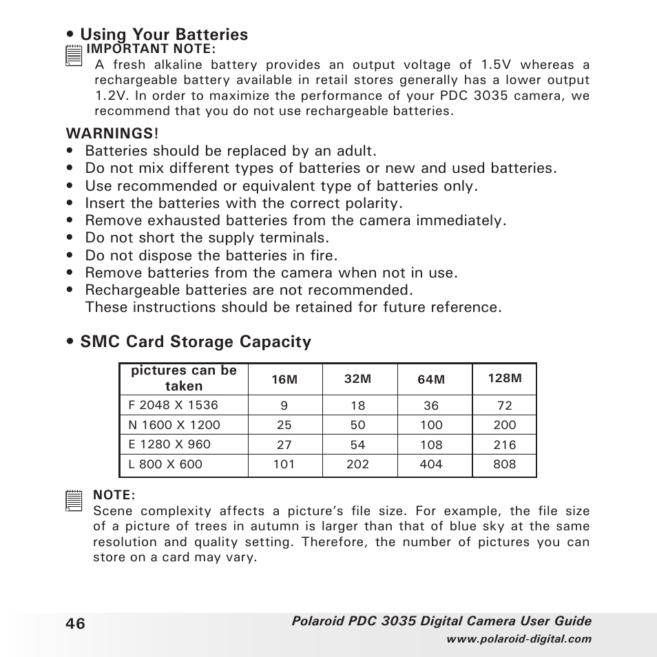 Using your batteries, Smc card storage capacity | Polaroid PDC 3035 User Manual | Page 46 / 49