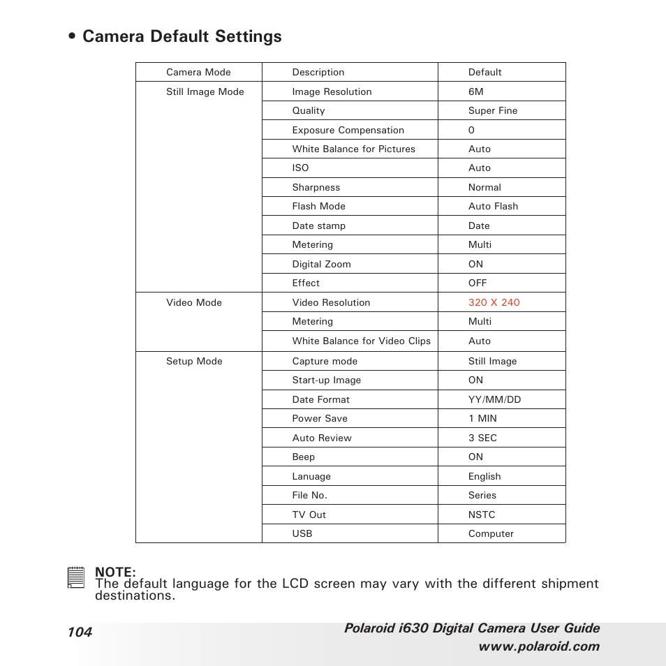 Camera default settings | Polaroid i630 User Manual | Page 104 / 106