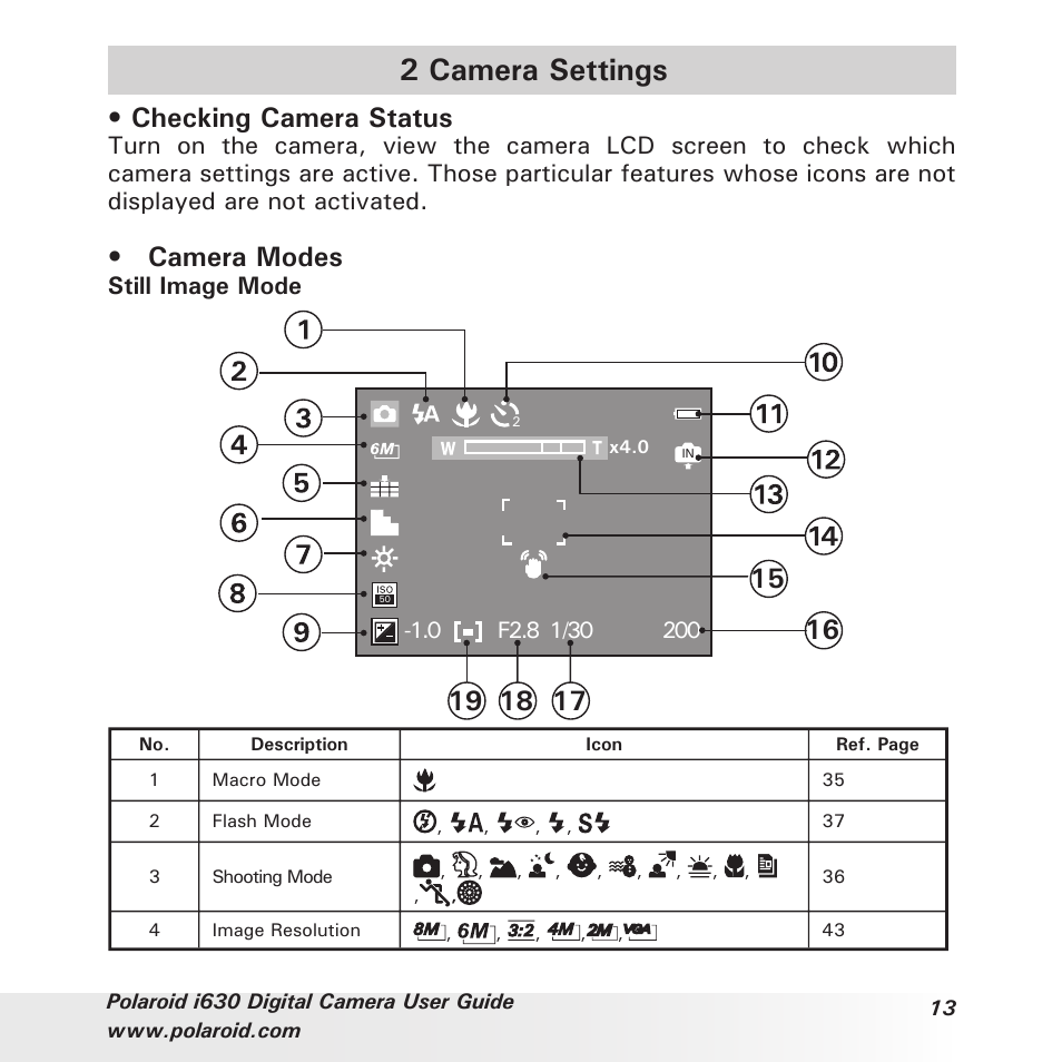 2 camera settings, Checking camera status, Camera modes | Still image mode | Polaroid i630 User Manual | Page 13 / 106