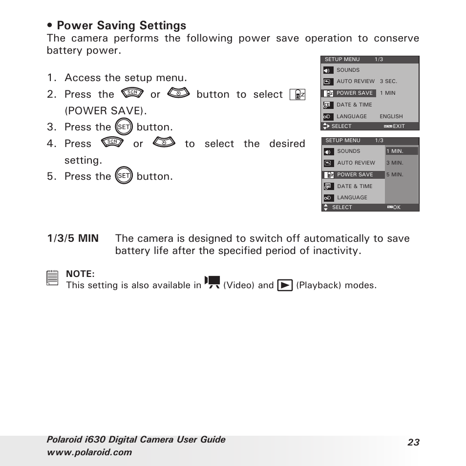 Power saving settings | Polaroid i630 User Manual | Page 23 / 106