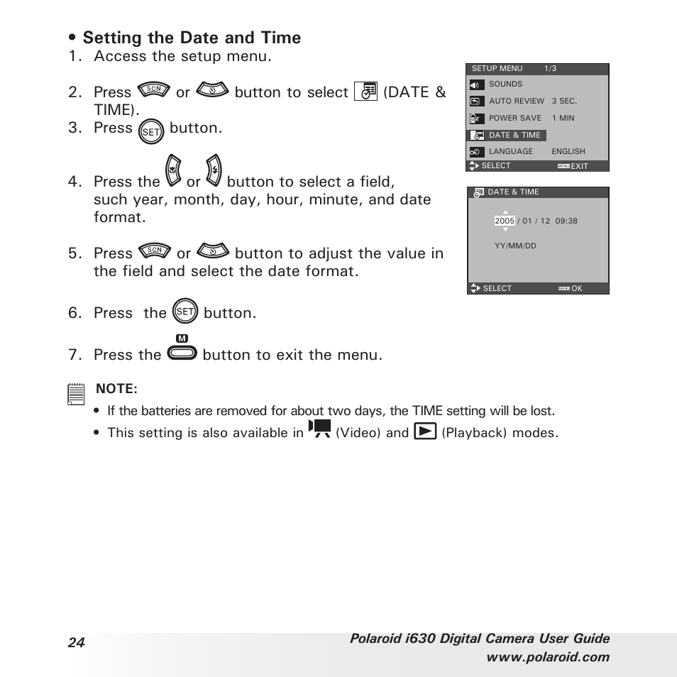 Setting the date and time, Access the setup menu | Polaroid i630 User Manual | Page 24 / 106