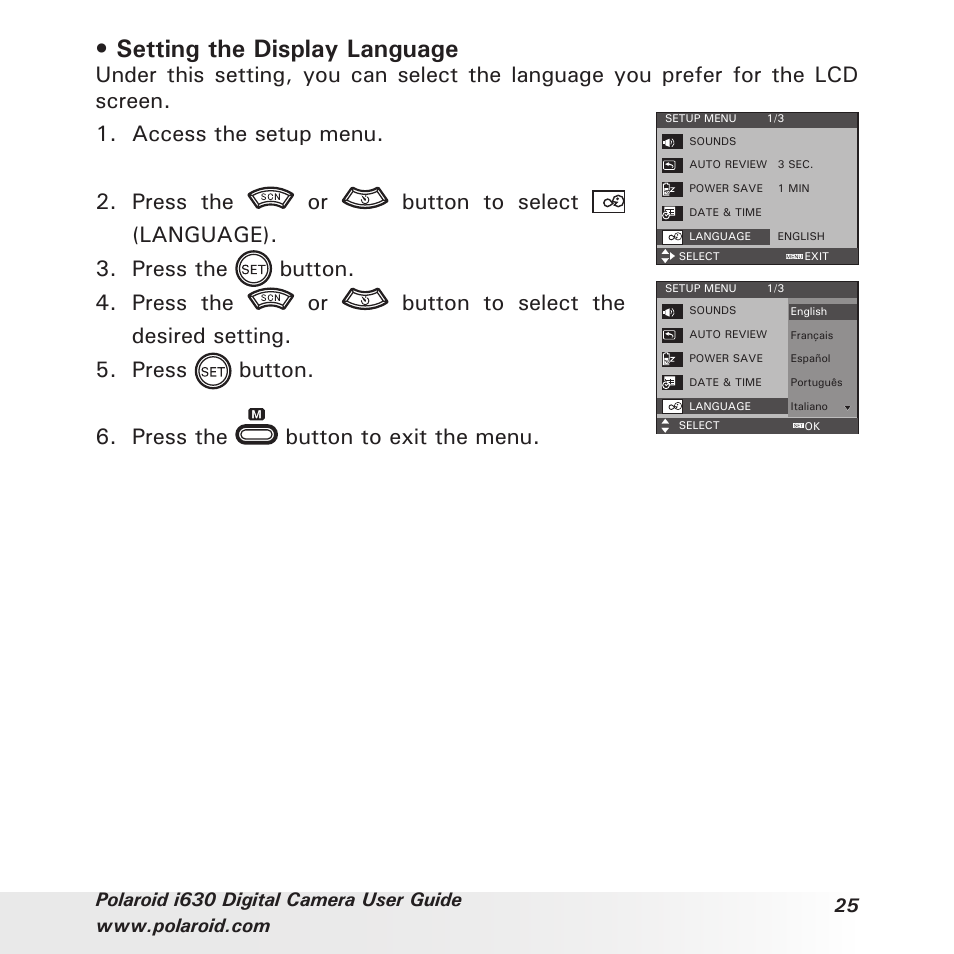 Setting the display language, Press the button to exit the menu | Polaroid i630 User Manual | Page 25 / 106