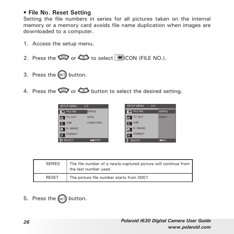 File no. reset setting, Press the button | Polaroid i630 User Manual | Page 26 / 106