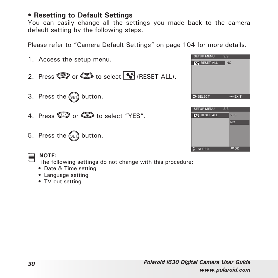 Resetting to default settings | Polaroid i630 User Manual | Page 30 / 106