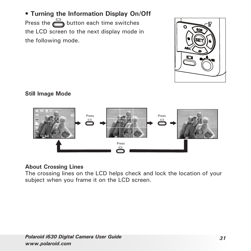 Turning the information display on/off | Polaroid i630 User Manual | Page 31 / 106