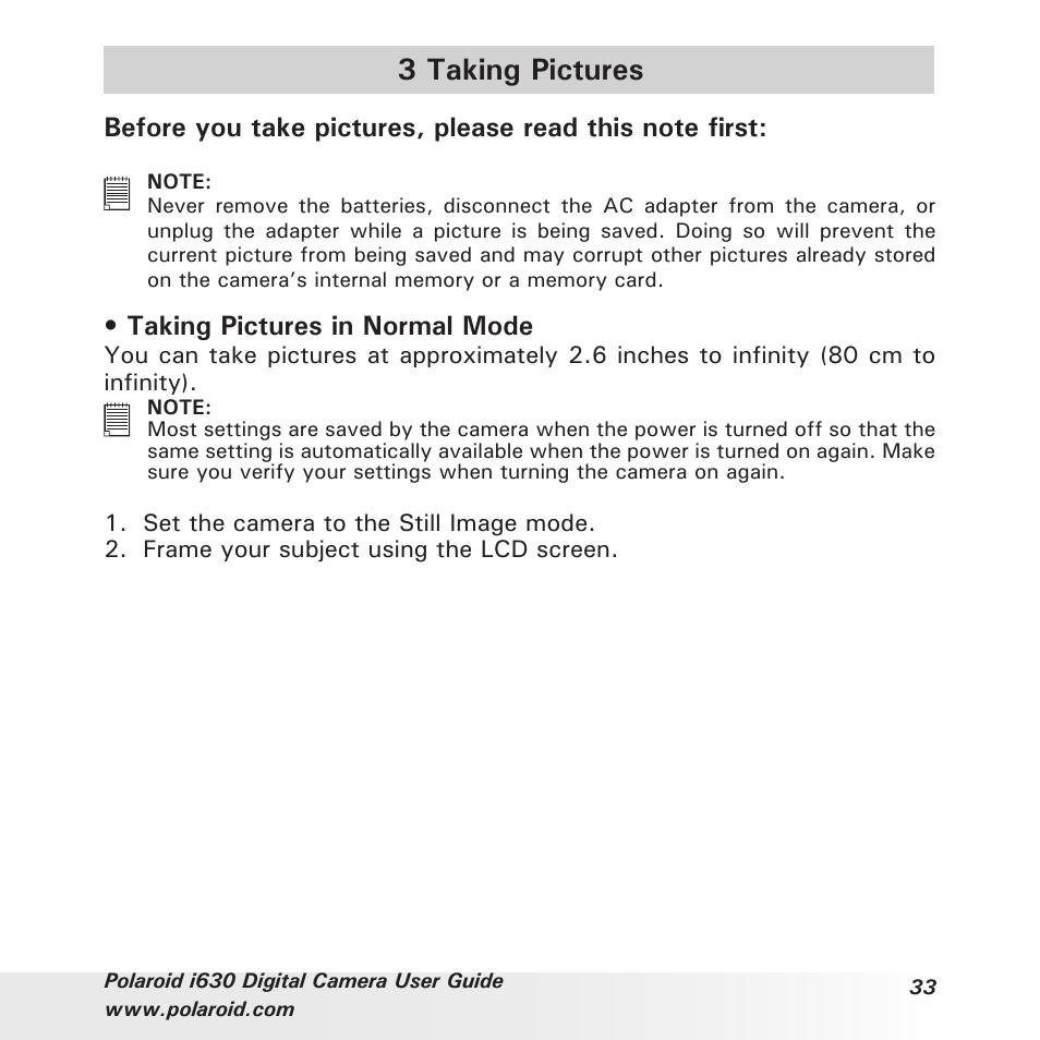 3 taking pictures, Taking pictures in normal mode | Polaroid i630 User Manual | Page 33 / 106