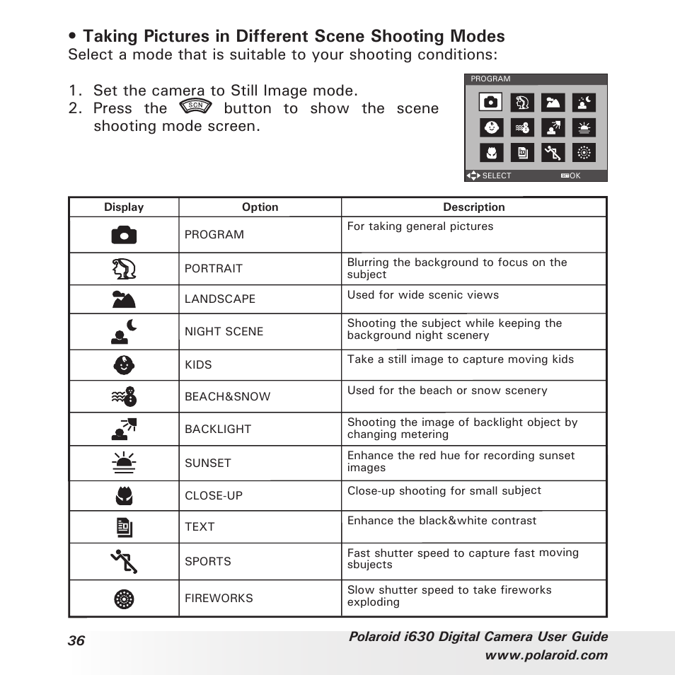 Taking pictures in different scene shooting modes | Polaroid i630 User Manual | Page 36 / 106