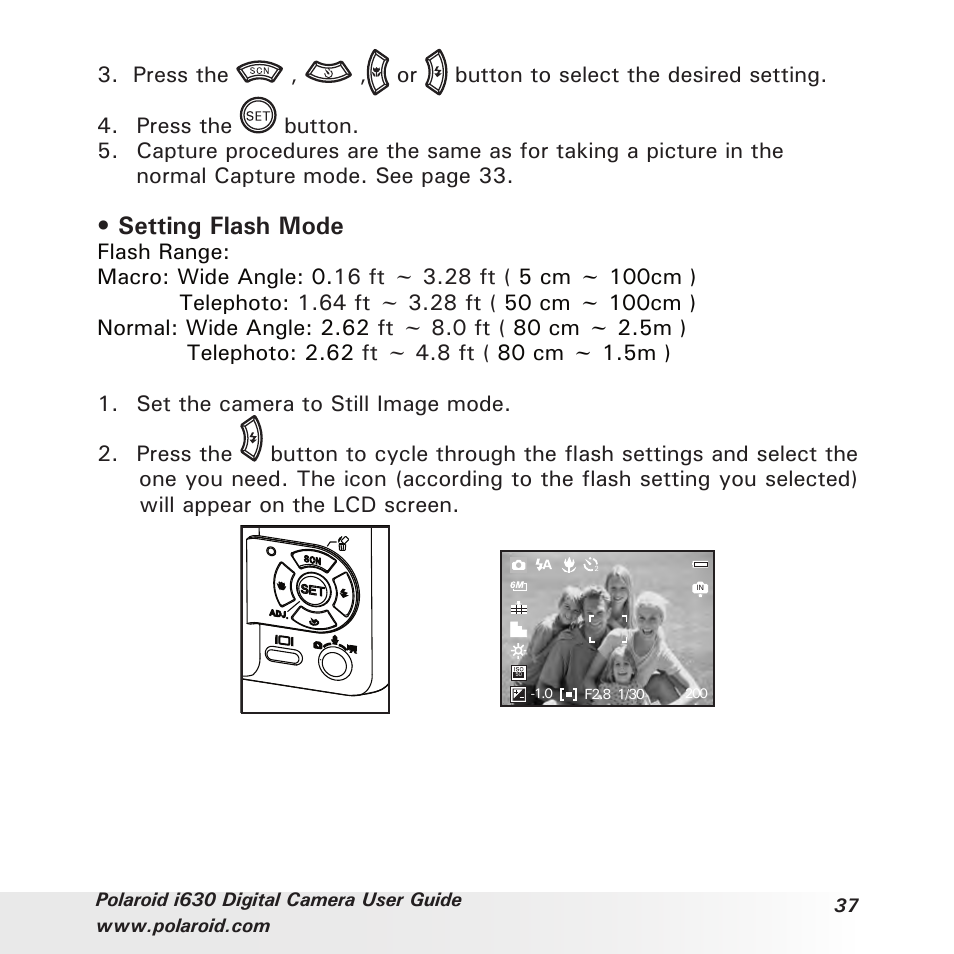 Setting flash mode | Polaroid i630 User Manual | Page 37 / 106