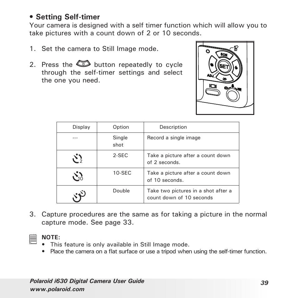 Setting self-timer | Polaroid i630 User Manual | Page 39 / 106