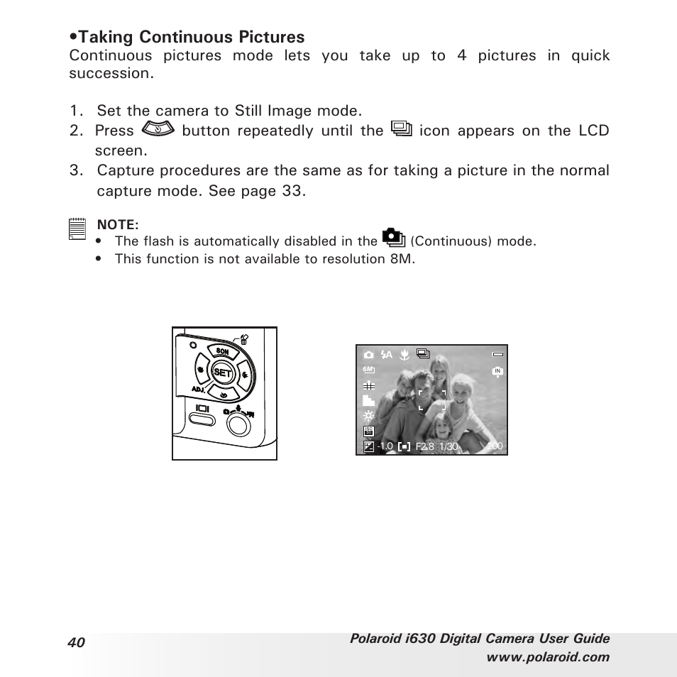 Taking continuous pictures | Polaroid i630 User Manual | Page 40 / 106