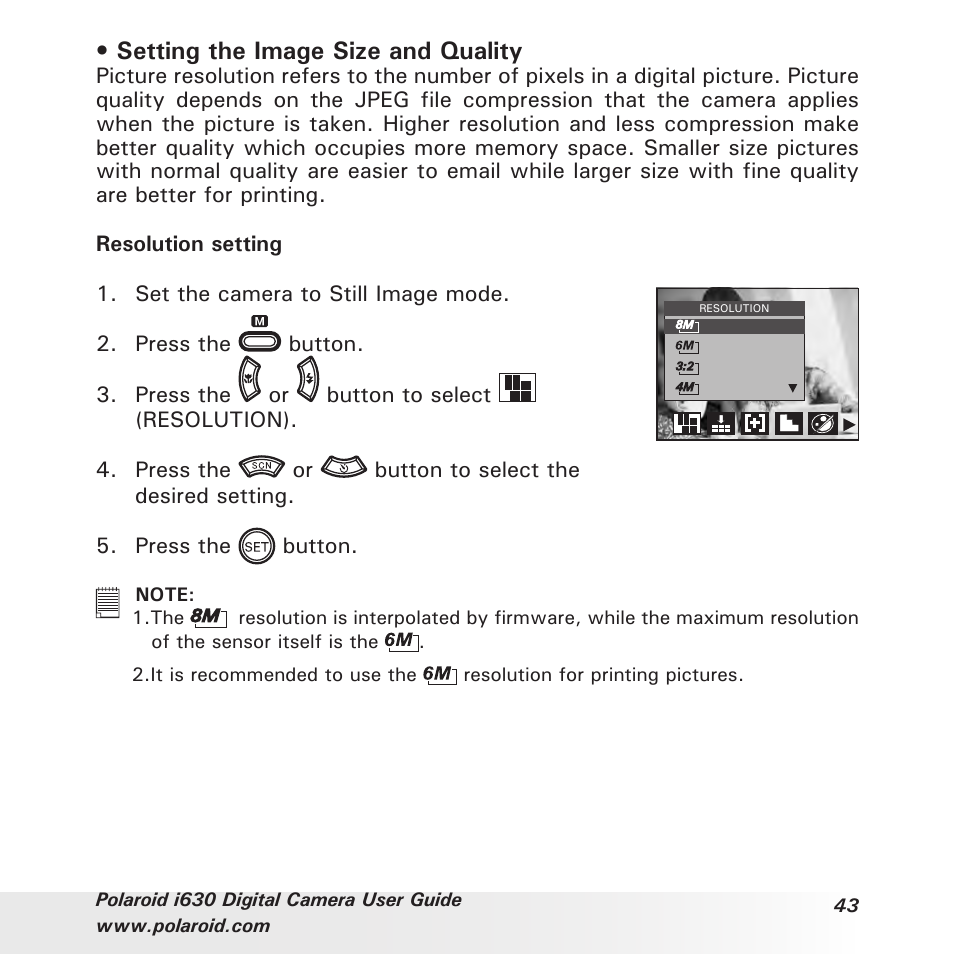 Setting the image size and quality | Polaroid i630 User Manual | Page 43 / 106