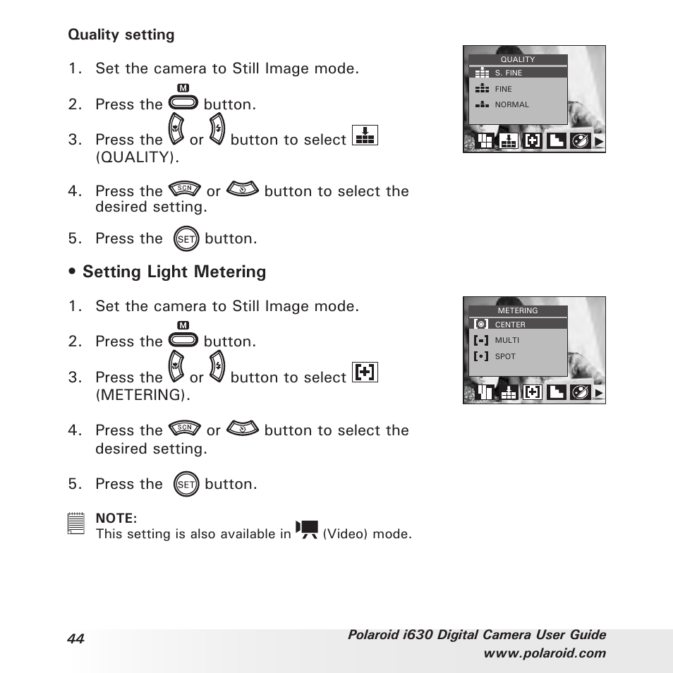 Setting light metering | Polaroid i630 User Manual | Page 44 / 106