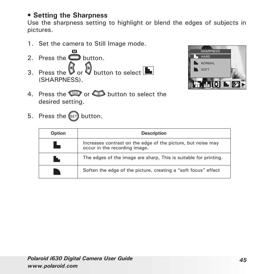 Setting the sharpness | Polaroid i630 User Manual | Page 45 / 106