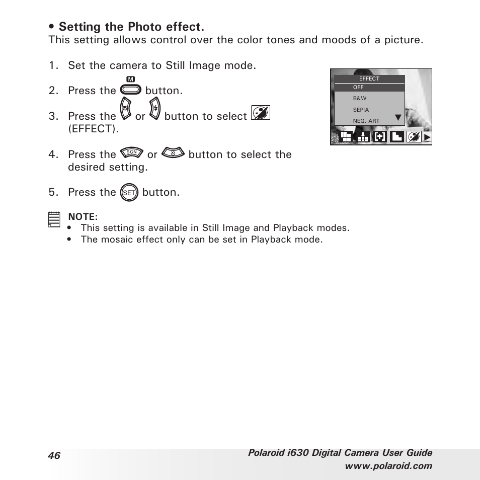 Setting the photo effect | Polaroid i630 User Manual | Page 46 / 106