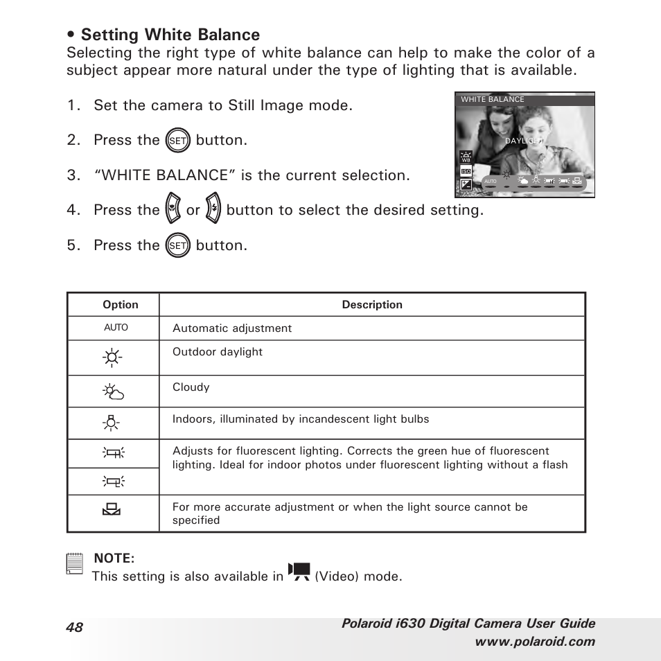 Setting white balance | Polaroid i630 User Manual | Page 48 / 106