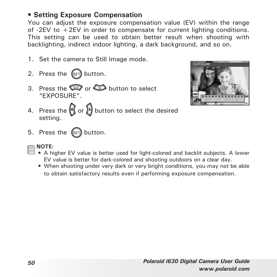 Setting exposure compensation | Polaroid i630 User Manual | Page 50 / 106