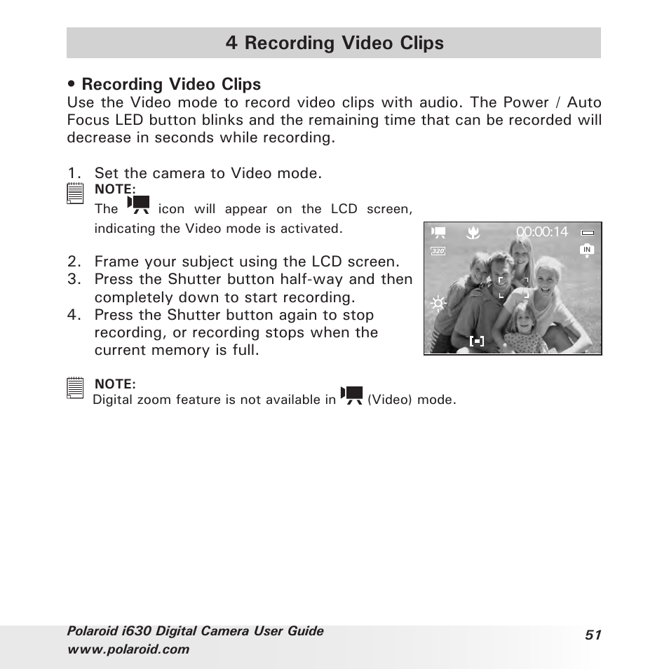 4 recording video clips, Recording video clips | Polaroid i630 User Manual | Page 51 / 106