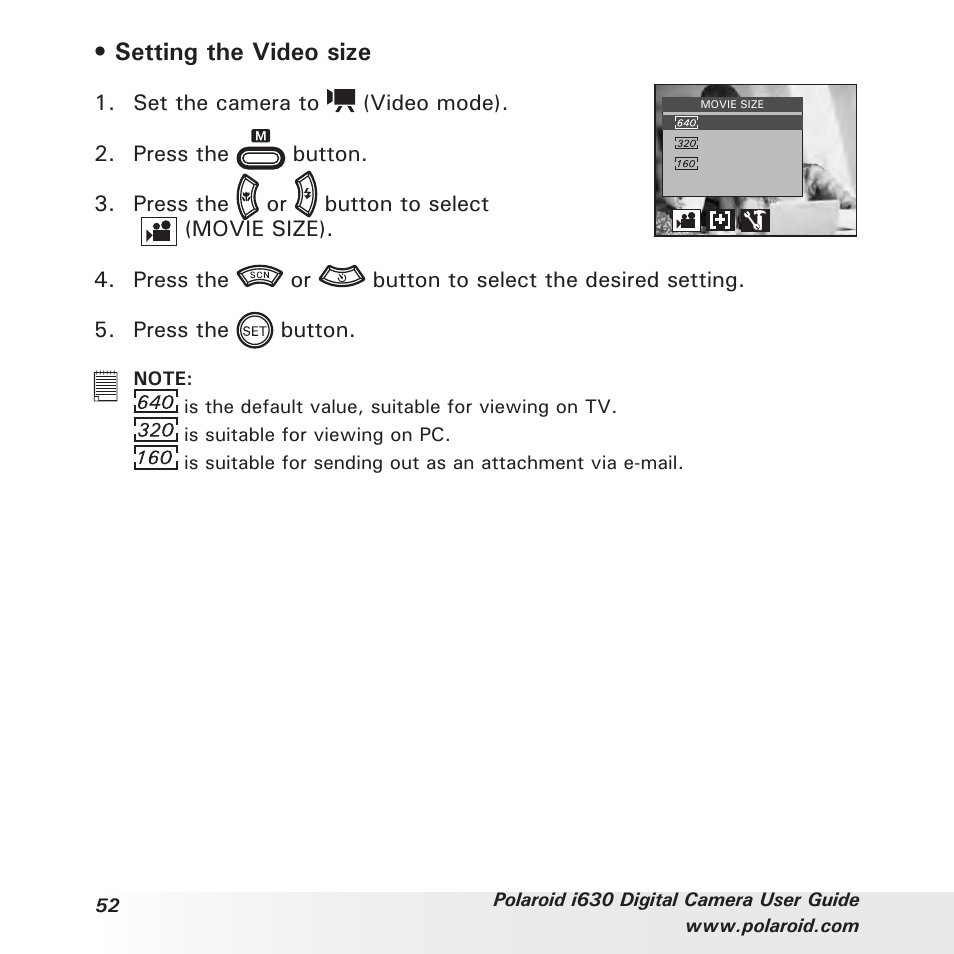 Setting the video size | Polaroid i630 User Manual | Page 52 / 106