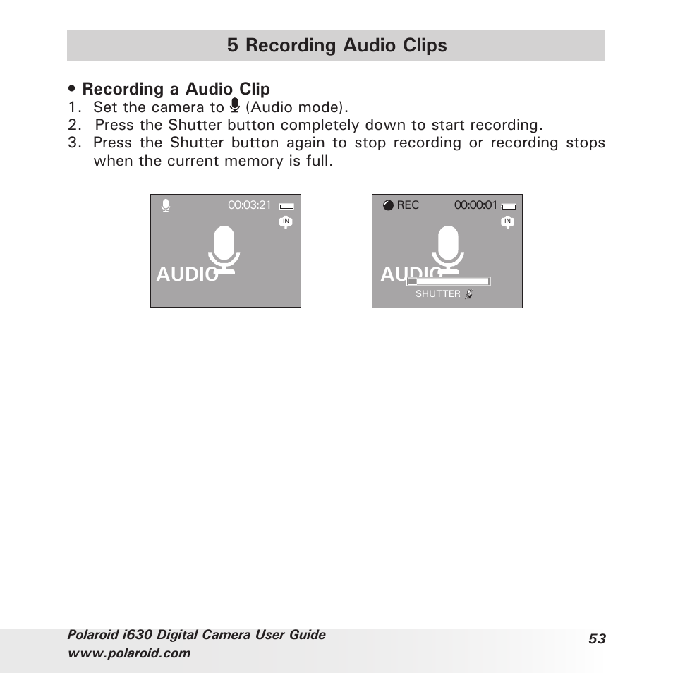 5 recording audio clips, Audio, Recording a audio clip | Polaroid i630 User Manual | Page 53 / 106