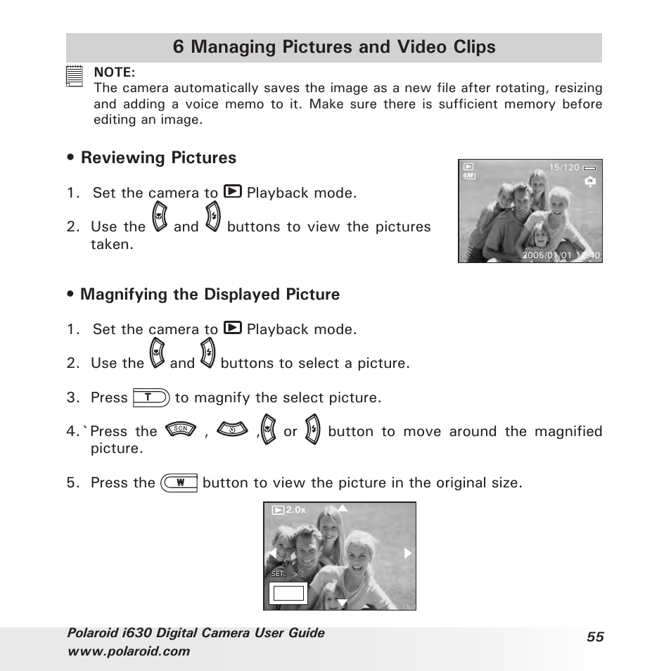 6 managing pictures and video clips, Reviewing pictures, Magnifying the displayed picture | Polaroid i630 User Manual | Page 55 / 106