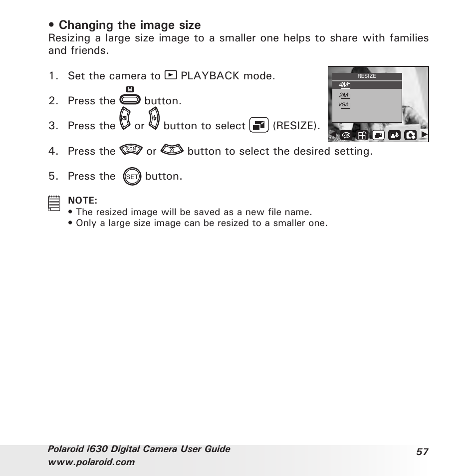 Changing the image size | Polaroid i630 User Manual | Page 57 / 106