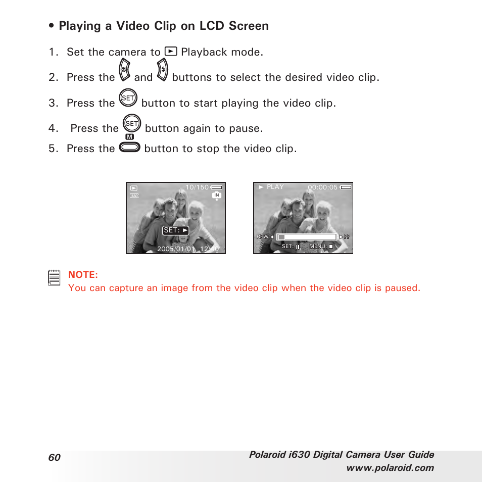 Playing a video clip on lcd screen | Polaroid i630 User Manual | Page 60 / 106