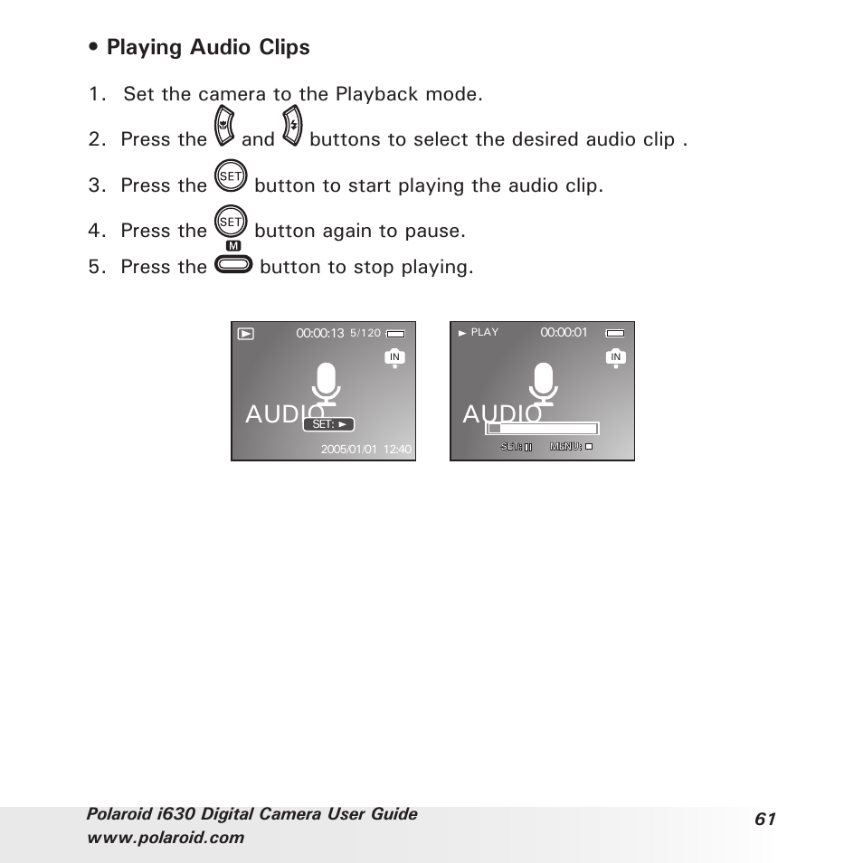 Audio, Playing audio clips | Polaroid i630 User Manual | Page 61 / 106