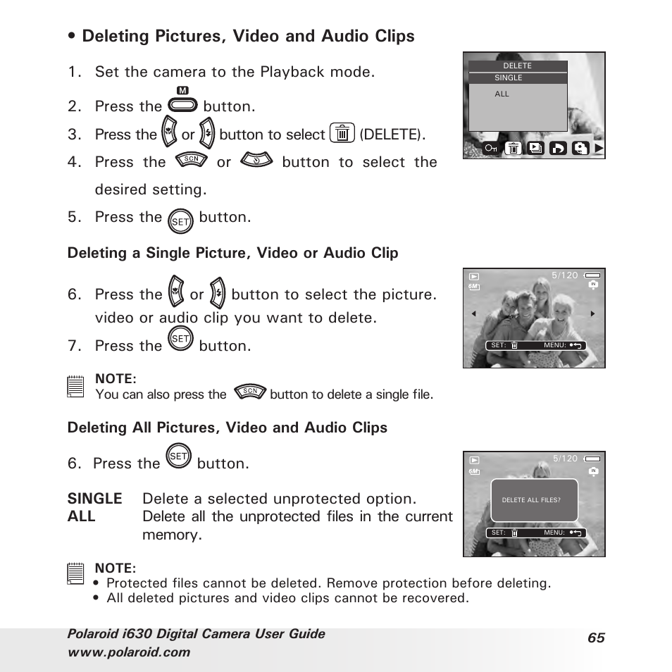 Deleting pictures, video and audio clips, Set the camera to the playback mode | Polaroid i630 User Manual | Page 65 / 106