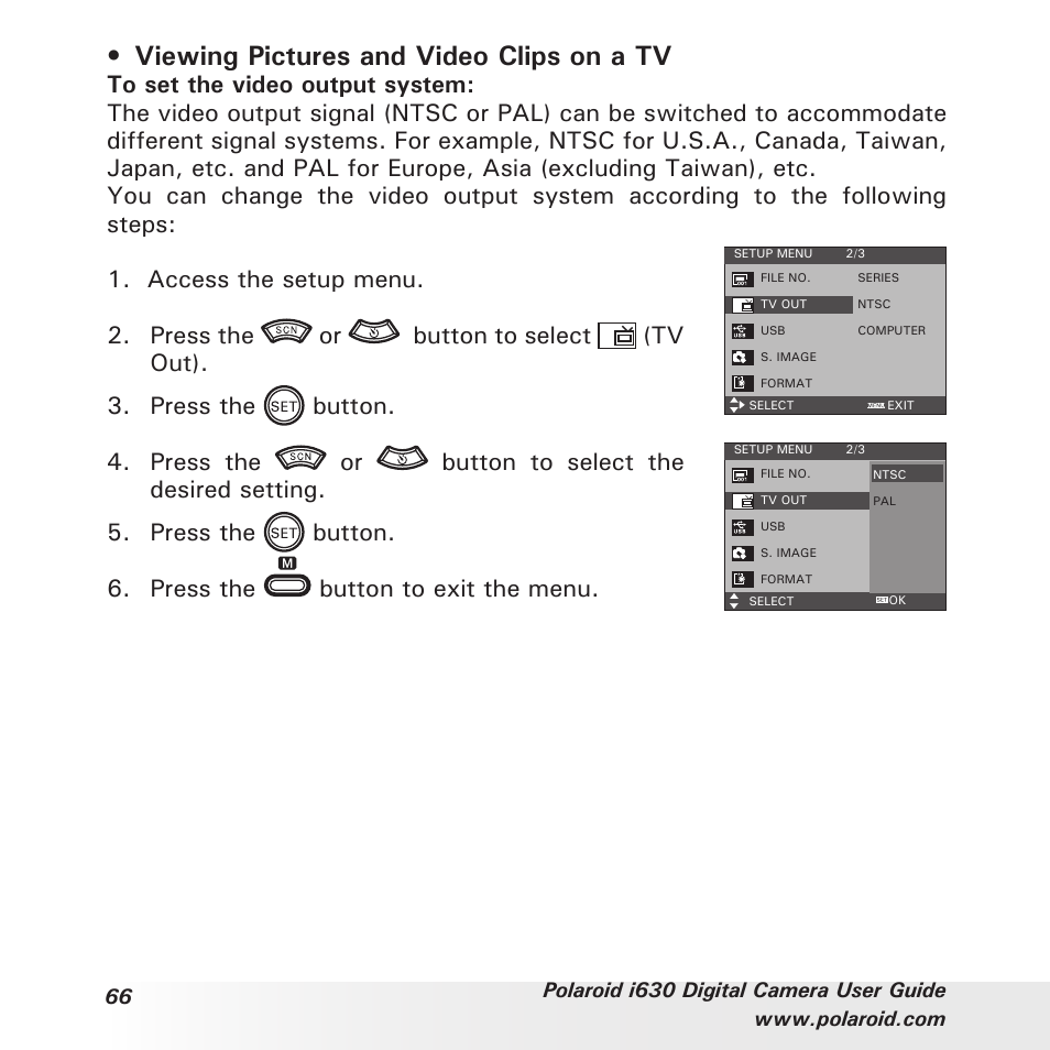 Viewing pictures and video clips on a tv, Press the button to exit the menu | Polaroid i630 User Manual | Page 66 / 106