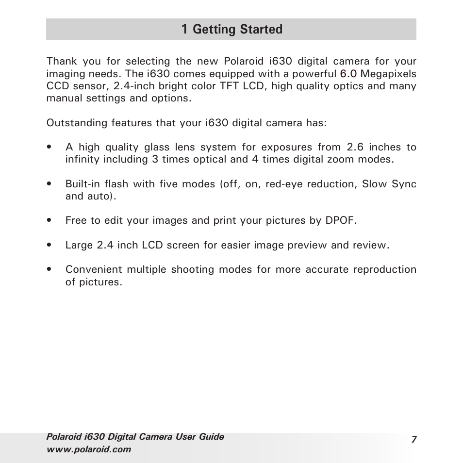 1 getting started | Polaroid i630 User Manual | Page 7 / 106