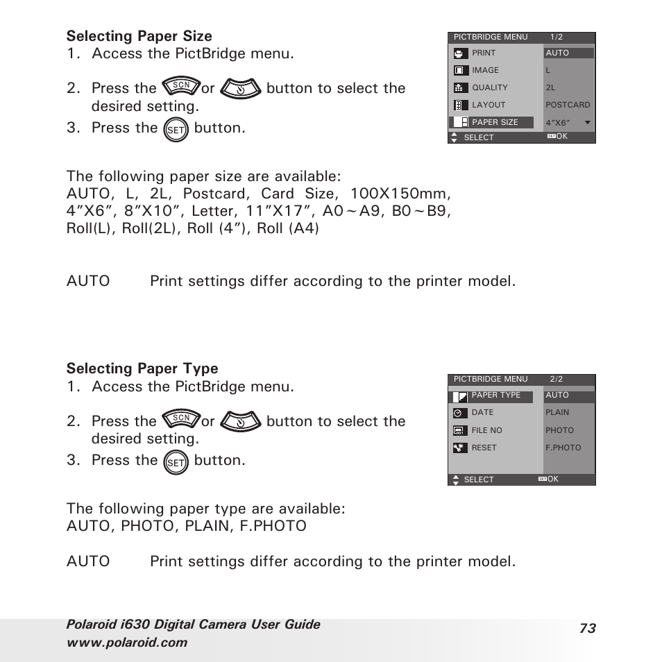 Selecting paper size 1. access the pictbridge menu | Polaroid i630 User Manual | Page 73 / 106