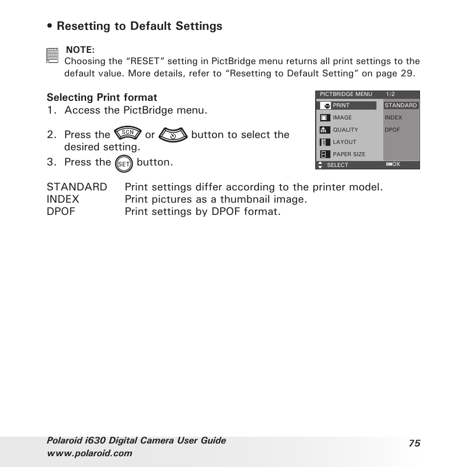 Resetting to default settings | Polaroid i630 User Manual | Page 75 / 106