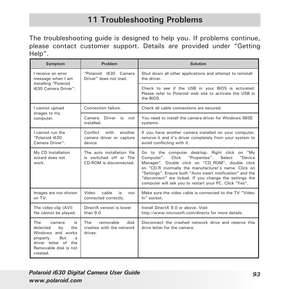 11 troubleshooting problems | Polaroid i630 User Manual | Page 93 / 106