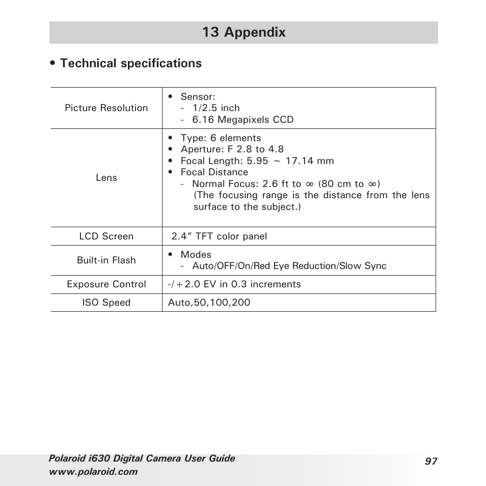 13 appendix, Technical specifications | Polaroid i630 User Manual | Page 97 / 106