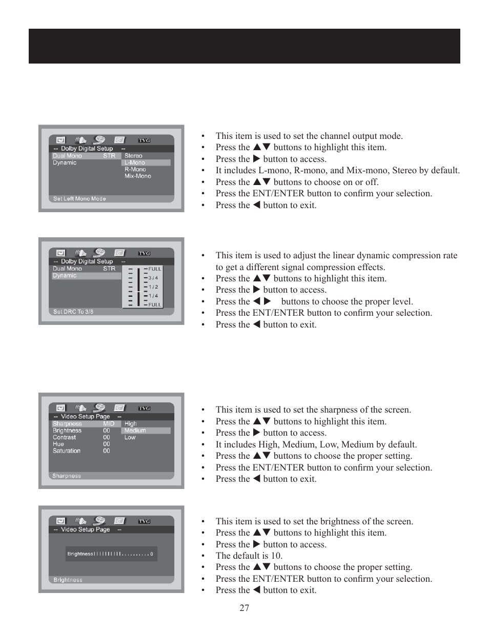 System setup, Dolby digital setup, Video setup | Polaroid DPA-07041S User Manual | Page 27 / 34