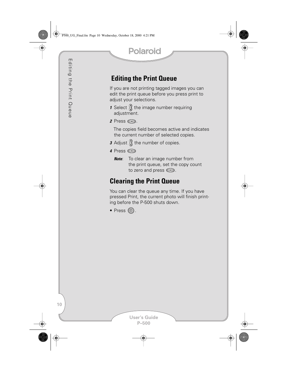 Editing the print queue, Clearing the print queue | Polaroid P-500 User Manual | Page 12 / 21