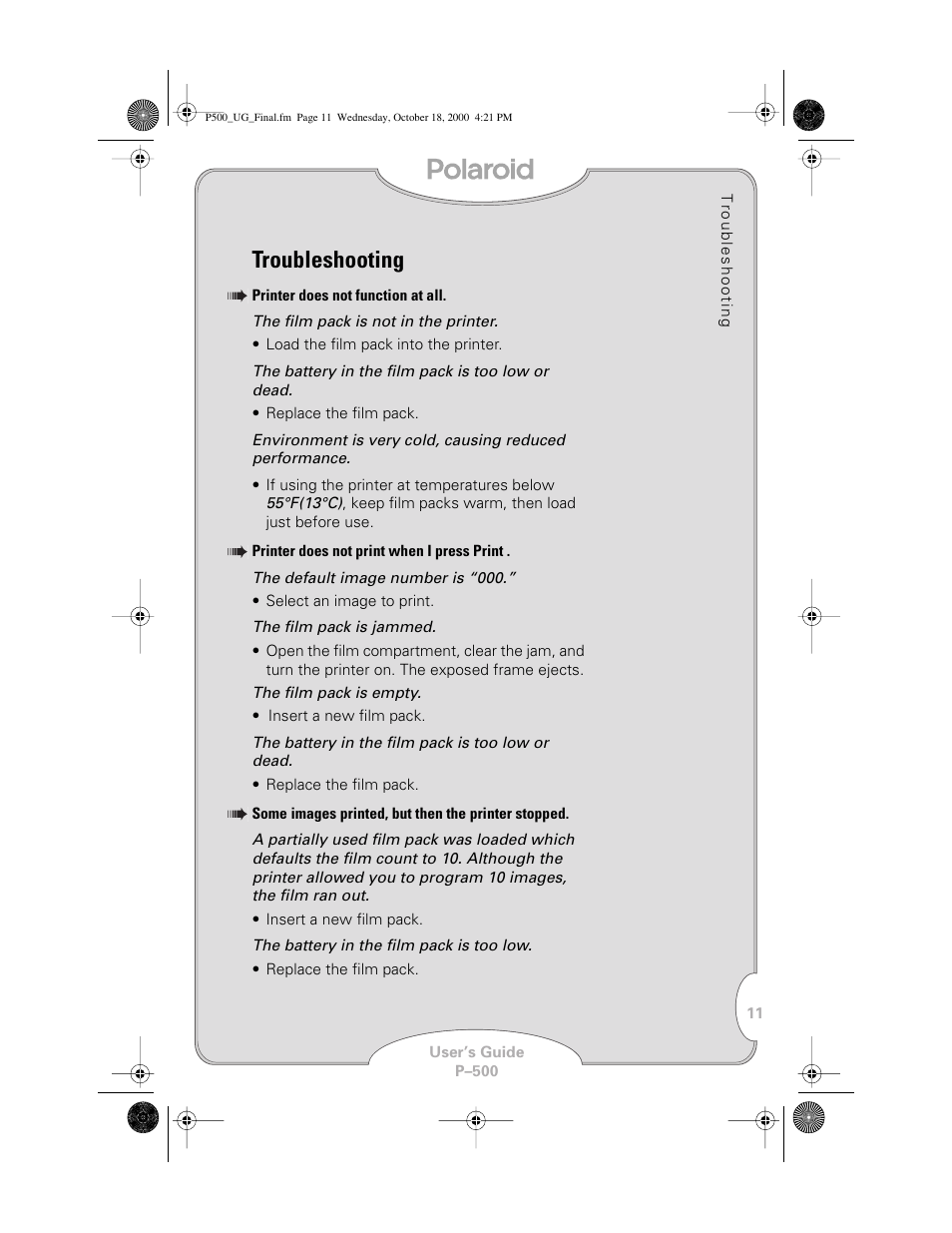 Troubleshooting | Polaroid P-500 User Manual | Page 13 / 21