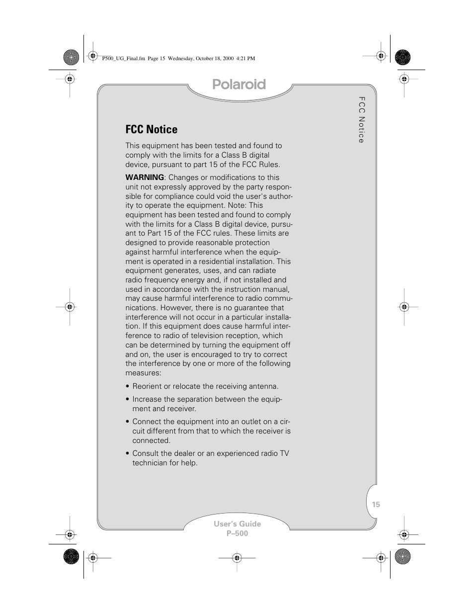 Fcc notice | Polaroid P-500 User Manual | Page 17 / 21