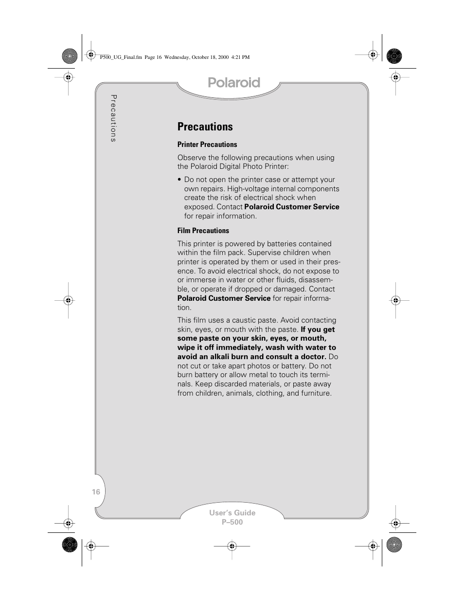 Precautions | Polaroid P-500 User Manual | Page 18 / 21