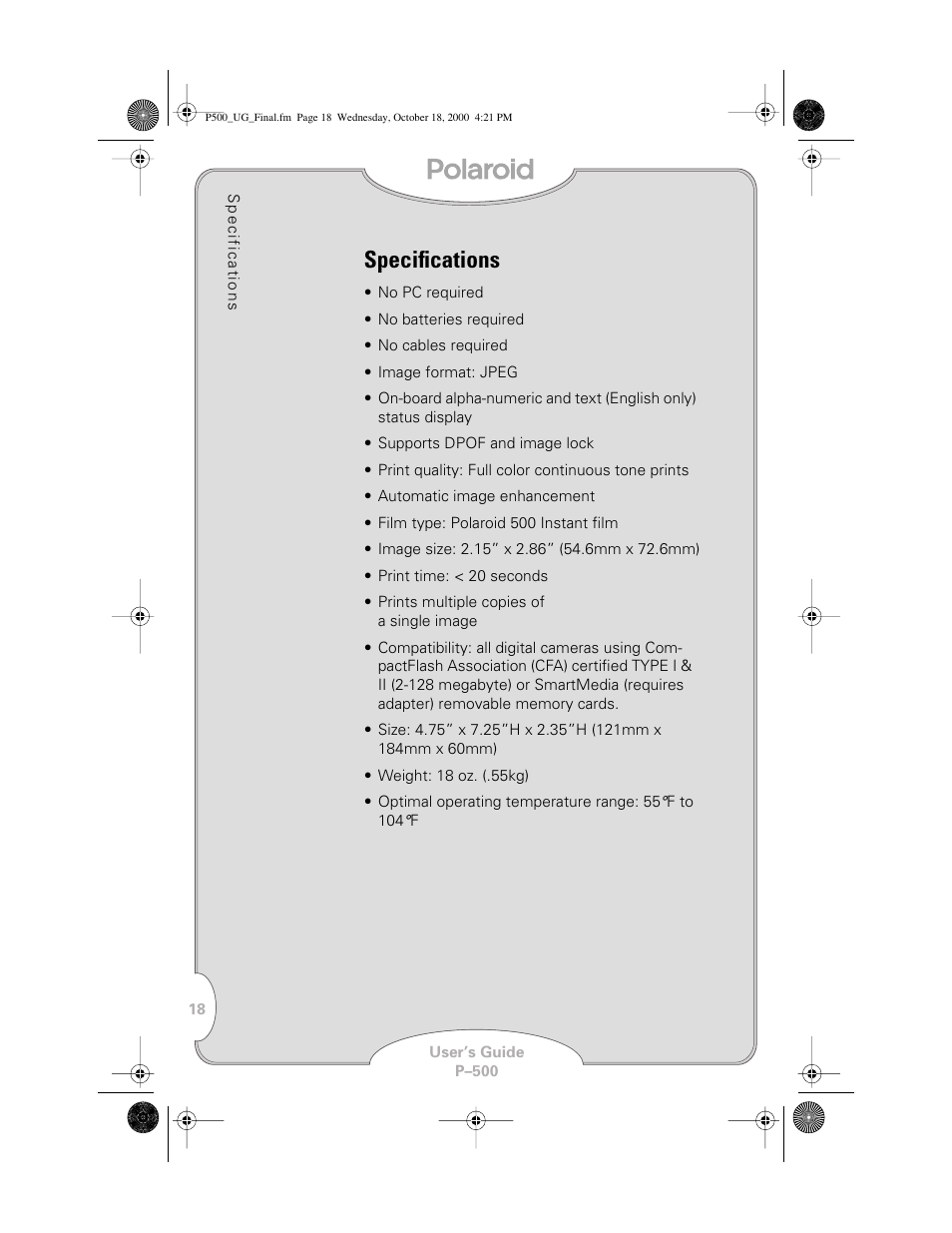 Specifications | Polaroid P-500 User Manual | Page 20 / 21