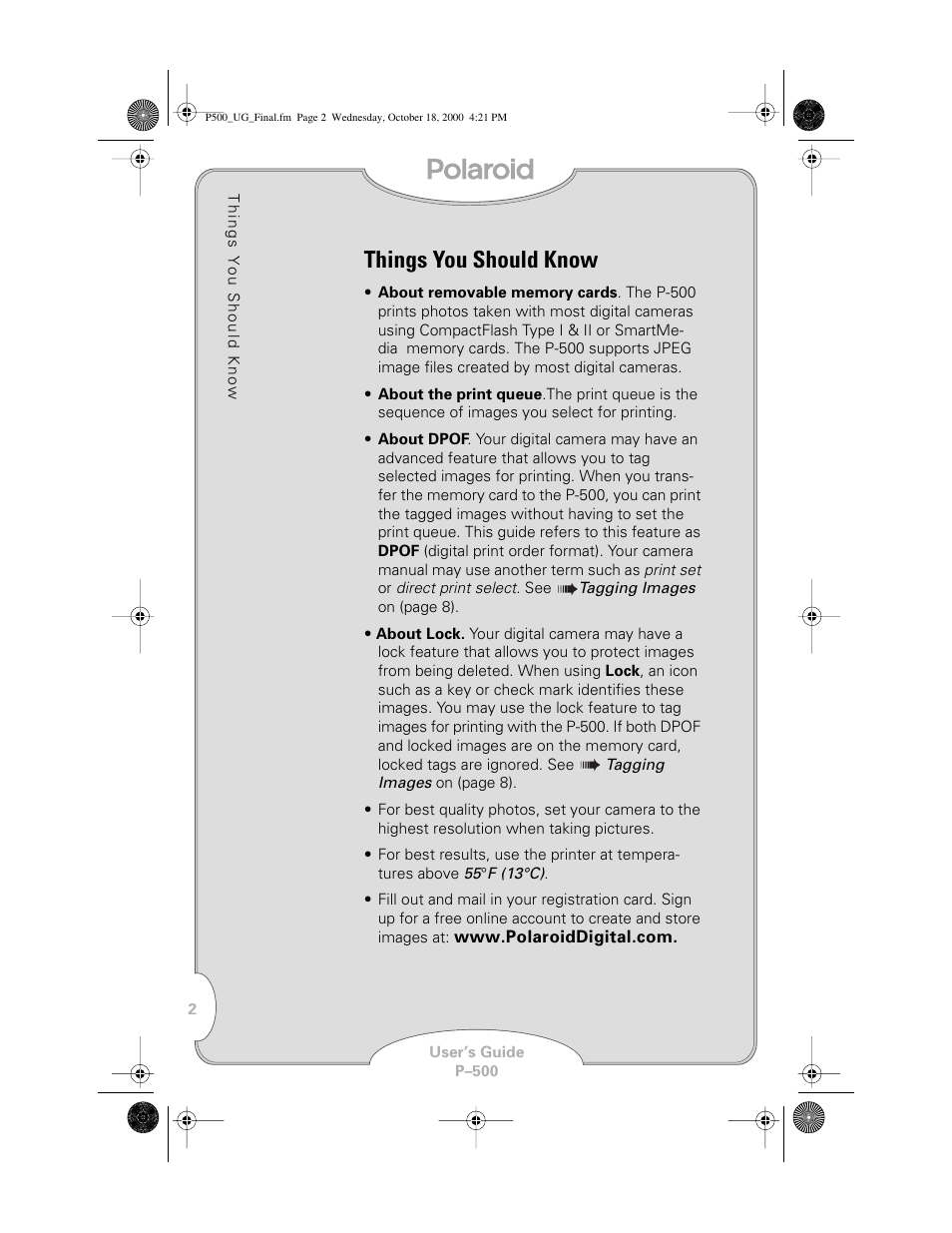 Things you should know | Polaroid P-500 User Manual | Page 4 / 21