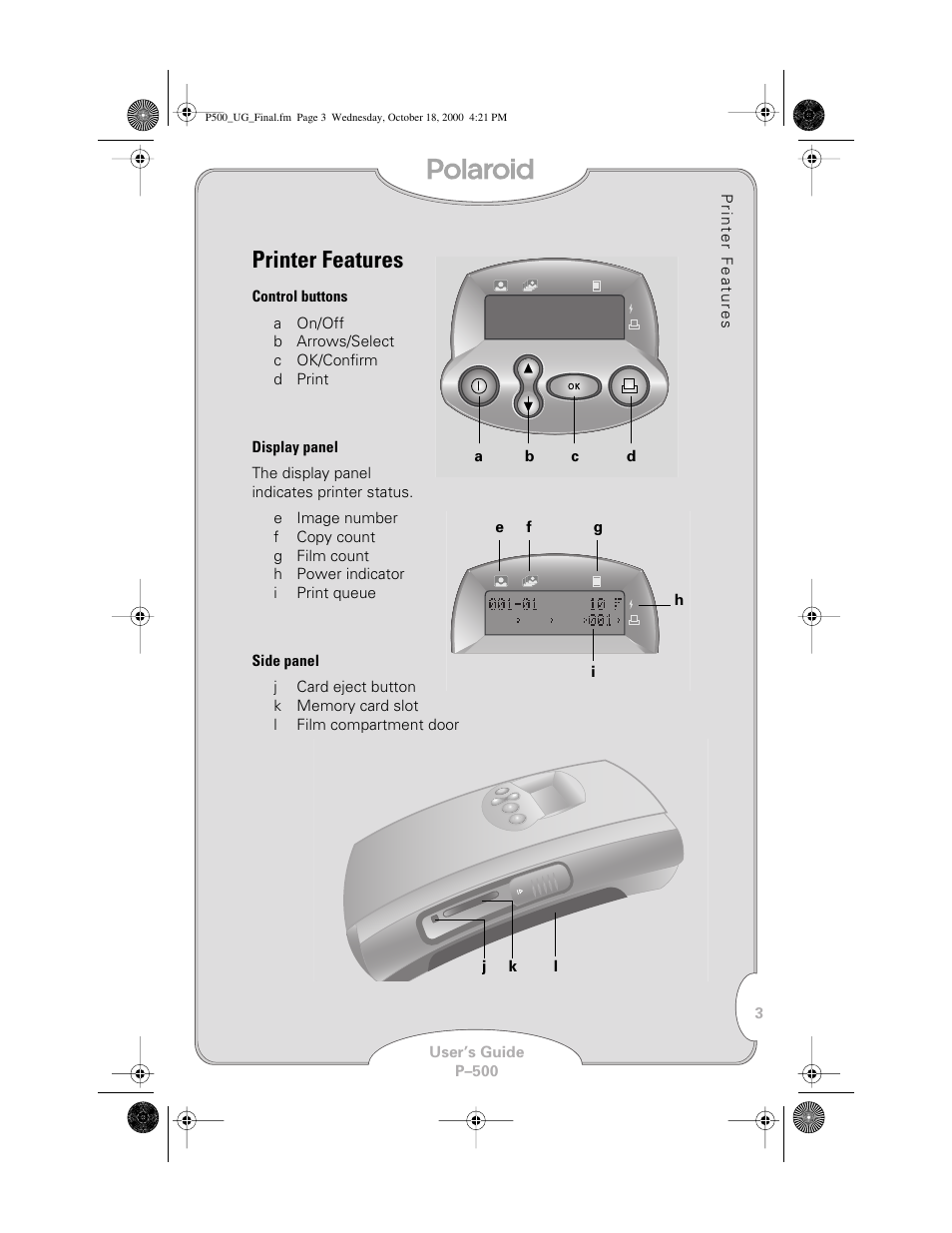 Printer features | Polaroid P-500 User Manual | Page 5 / 21