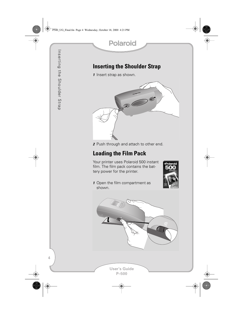 Inserting the shoulder strap, Loading the film pack | Polaroid P-500 User Manual | Page 6 / 21