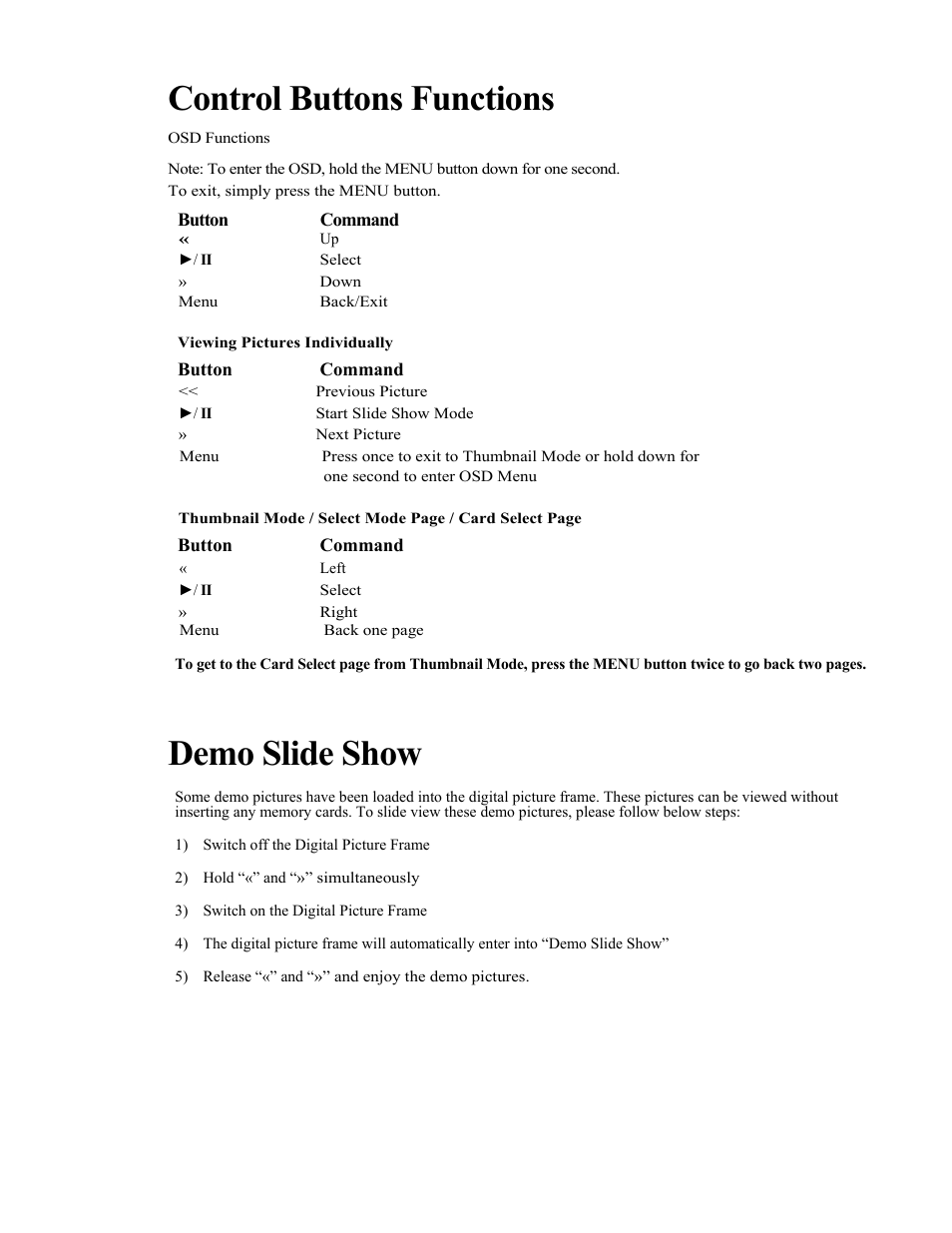 Control buttons functions, Demo slide show | Polaroid IDF-0560 User Manual | Page 7 / 8